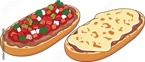 Two delicious, cartoon-style open-faced sandwiches one with pico de gallo, the other with melted cheese