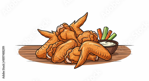 Crispy golden chicken wings with dipping sauce and vegetable sticks on a wooden surface