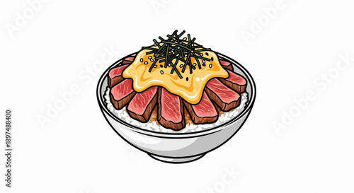 A bowl of white rice topped with sliced beef and a creamy yellow sauce