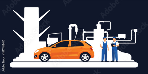 Modern Car Service Illustration Featuring Auto Maintenance Check, Mechanics Inspecting Vehicle, Repair Diagnostics System, and Professional Workshop Environment