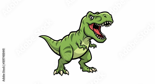 A cartoon green dinosaur with its mouth open and sharp teeth showing, posed on white