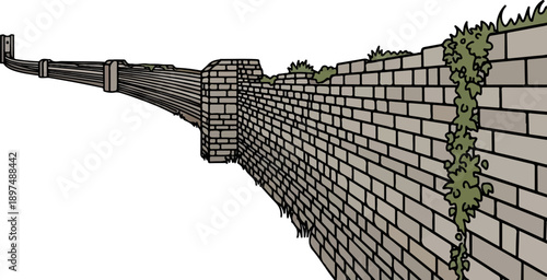 A perspective illustration of a long, curving stone wall, with some parts worn and covered in vegetation