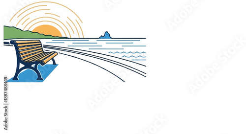 Scenic seaside view with a bench overlooking water and a distant island under a radiant sun