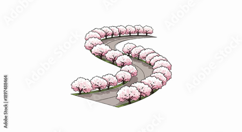 A winding road lined with blooming cherry trees