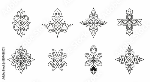 Collection of eight intricate black ink ornamental designs, symmetrical and varied