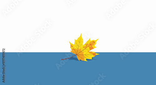 A solitary yellow maple leaf rests on a blue surface against a white background