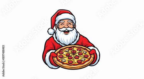 Jolly Santa Claus with a delicious pizza, wearing his iconic red suit and hat