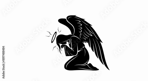 A silhouetted angel with large wings kneels with head bowed and hands clasped, halo above