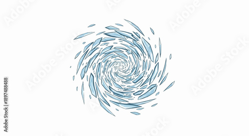 Abstract spiral of sharp, icy shards in varying shades of blue, against a clean white background