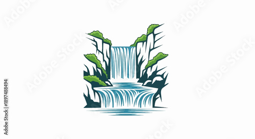 A stylized, graphic depiction of a multi-tiered waterfall cascading over rocky cliffs adorned with greenery