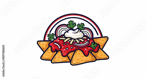 A vibrant, stylized illustration of nachos topped with salsa, cheese, sour cream, onions, and cilantro