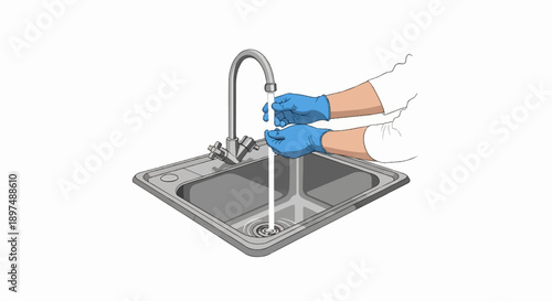 Hands in blue gloves wash under a running faucet in a metal sink