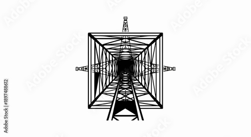 Overhead perspective of a colossal industrial metal tower, drawing the eye inward