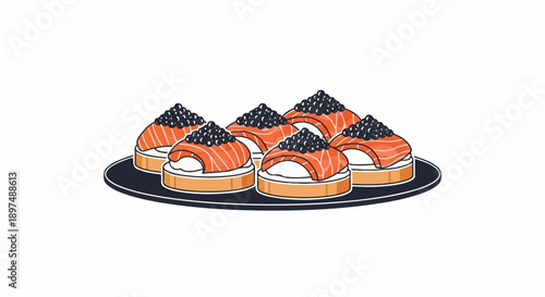 A plate of five salmon and caviar appetizers on toasted bread