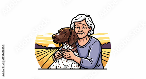 An elderly woman with gray hair embraces a brown dog with white spots in a field at sunset
