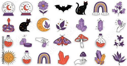 Mystical Witchcraft Sticker Icon Set with Crystals, Moon, Black Cat, Mushrooms, Potions, Hands, and Magical Symbols in Modern Flat Vector Style