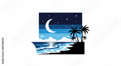 A stylized night beach scene with a crescent moon, stars, palm trees, and ocean waves