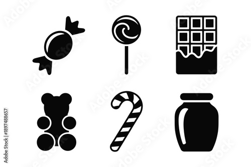 Sweet Treats Icons: Candy, Lollipop, Chocolate, Gummy Bear, Candy Cane, Jar