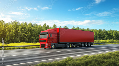 A red semi-truck moving along a highway with trees and grass on both sides, sunny weather, realistic freight transportation