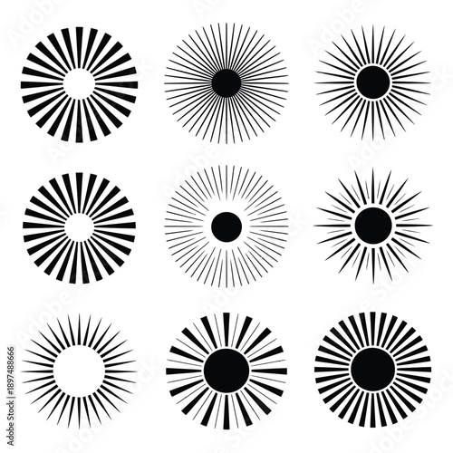 Nine distinct black and white circular patterns with varying line orientations and densities isolated on white background, Vector, illustration
