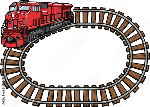 A vibrant red locomotive travels on a curved railroad track