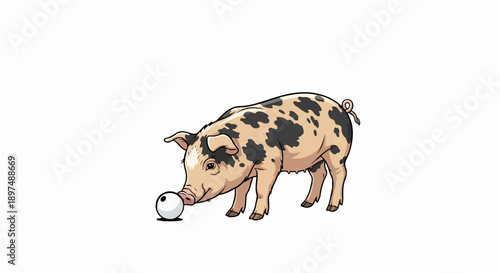 A spotted piglet curiously sniffs a small, round white object on a white background