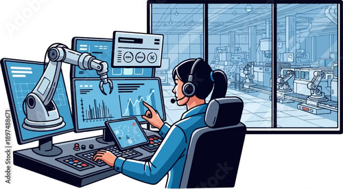 Person with headset controls robotic arm and factory production on computers