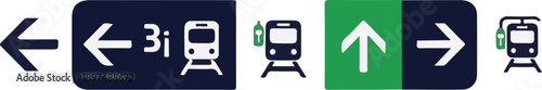 Train icons with directional arrows and informational symbols