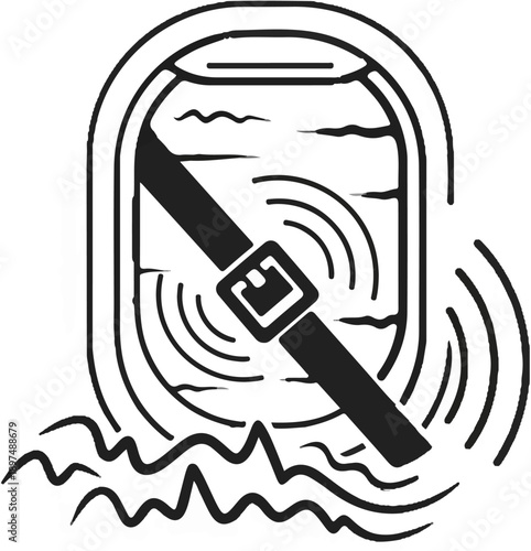 Airplane window view with seatbelt fastened and waves below