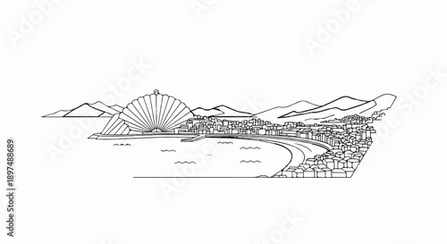 Coastal town nestled between mountains and sea, with a large fan-like structure