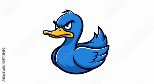 A cartoon blue duck with a yellow beak and angry eyes