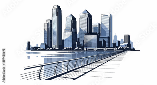 Stylized cityscape with tall modern buildings reflected in water, viewed from a waterfront promenade