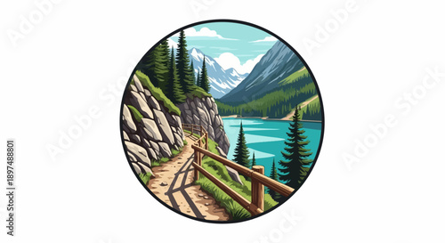 Scenic mountain path overlooking a turquoise lake and snow-capped peaks