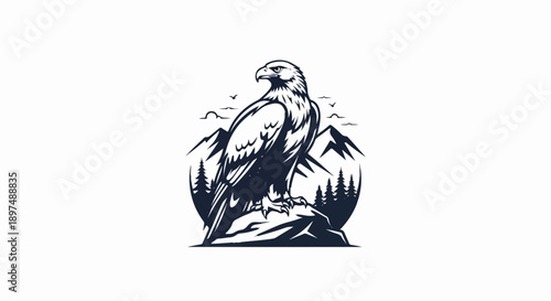 Majestic eagle perched on a rock with mountains and trees in background