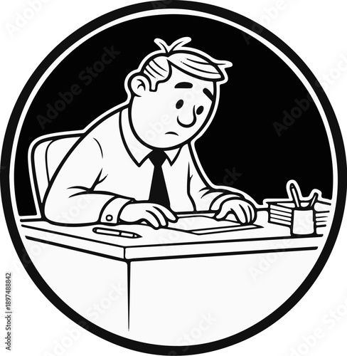 Sad person working at desk with papers and pen