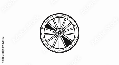 Black and white sketch of a wooden wagon wheel with thick spokes and rim