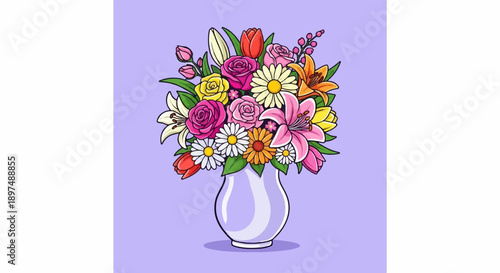 A vibrant bouquet of assorted colorful flowers fills a pale purple vase