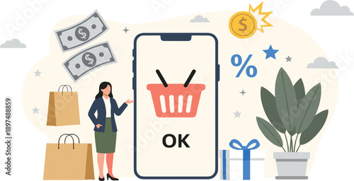 Online Shopping Success Illustration with Smartphone Checkout Confirmation, Woman Buyer, Discounts, Payments, and E Commerce Purchase Approval Concept in Flat Vector Style