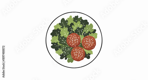 Top-down view of a plate with three round, seed-covered patties and a side of green leaves