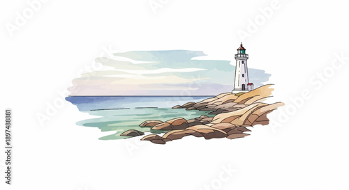 White lighthouse stands tall on a rocky shore overlooking the calm sea under a watercolor sky