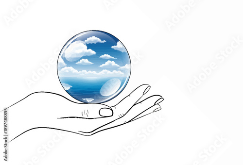 A stylized hand cradles a clear orb reflecting a serene sky and ocean scene