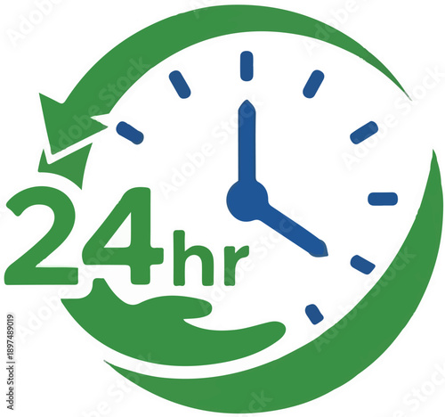 A green circular arrow encompasses a clock face with 24hr text below
