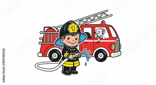 A cheerful cartoon child in a firefighter's uniform with a Dalmatian dog in a fire truck