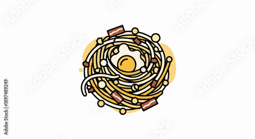 Whimsical pasta dish with a fried egg and bacon, served on a creamy yellow background