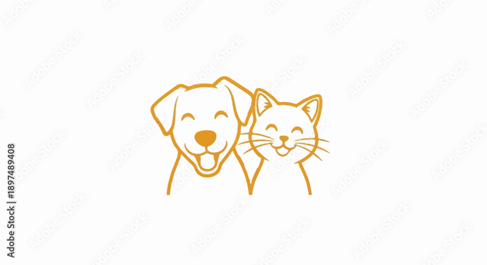 Fototapeta premium Whimsical orange line art depicts a smiling dog and cat side-by-side on a white background