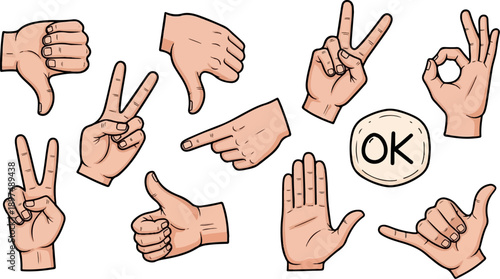 Collection of stylized human hands displaying various gestures, including thumbs-up, peace signs, and OK symbols