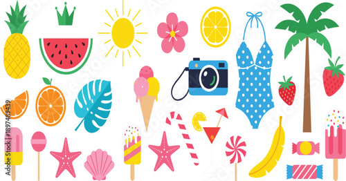 Summer Vacation Icon Collection with Tropical Fruits, Ice Cream, Swimsuit, Camera, Palm Tree, Sun, and Beach Elements in Bright Flat Vector Style