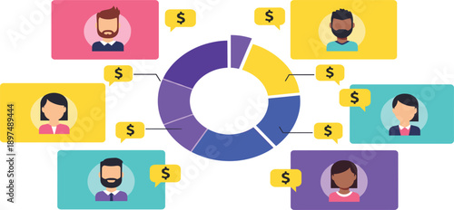 Team Revenue Distribution and Salary Allocation Illustration with People Avatars, Income Sharing Icons, and Donut Chart Infographic for Business Finance Design