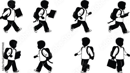 Student silhouette illustration, black vector design, walking child pose, backpack figure, school commute, educational theme, casual motion, learning concept, youth icon