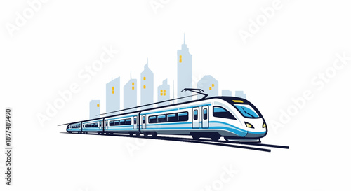Modern train speeds through a stylized city skyline with illuminated windows
